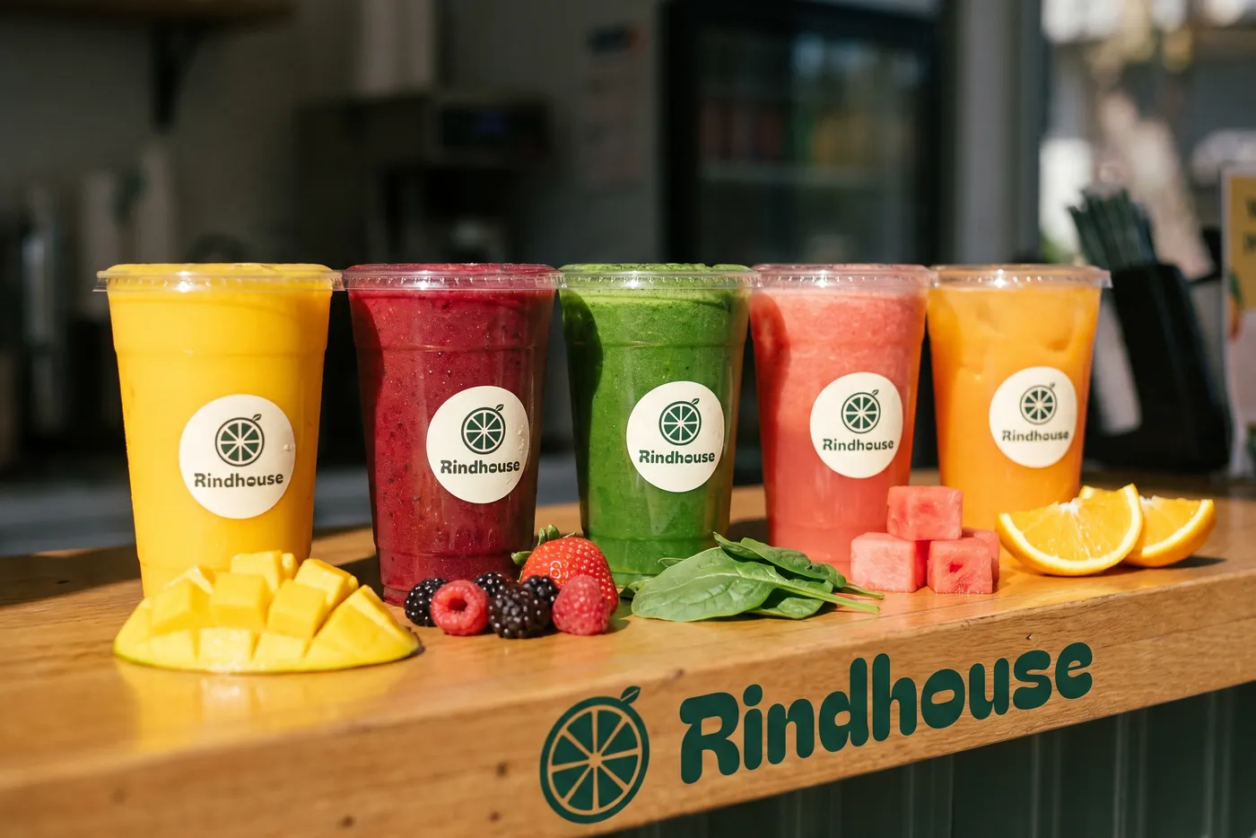 A row of Rindhouse drinks on the counter beside fresh fruit