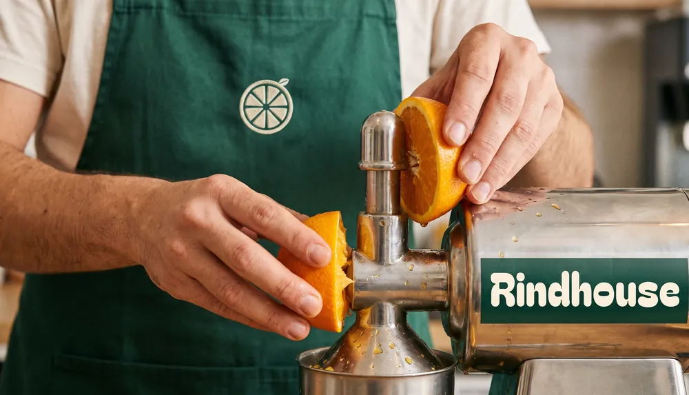 A Rindhouse team member pressing fresh juice