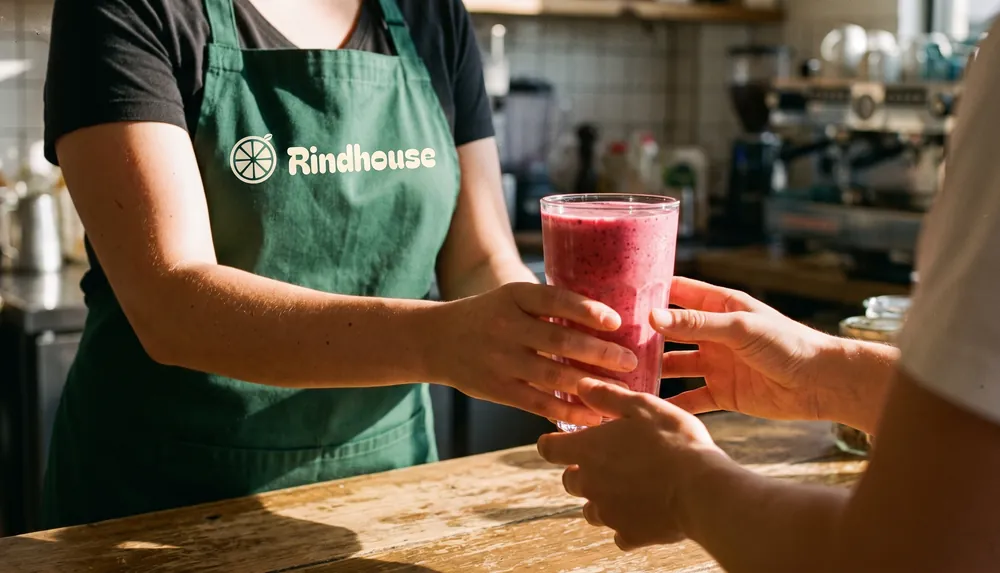 A Rindhouse team member handing a smoothie across the counter